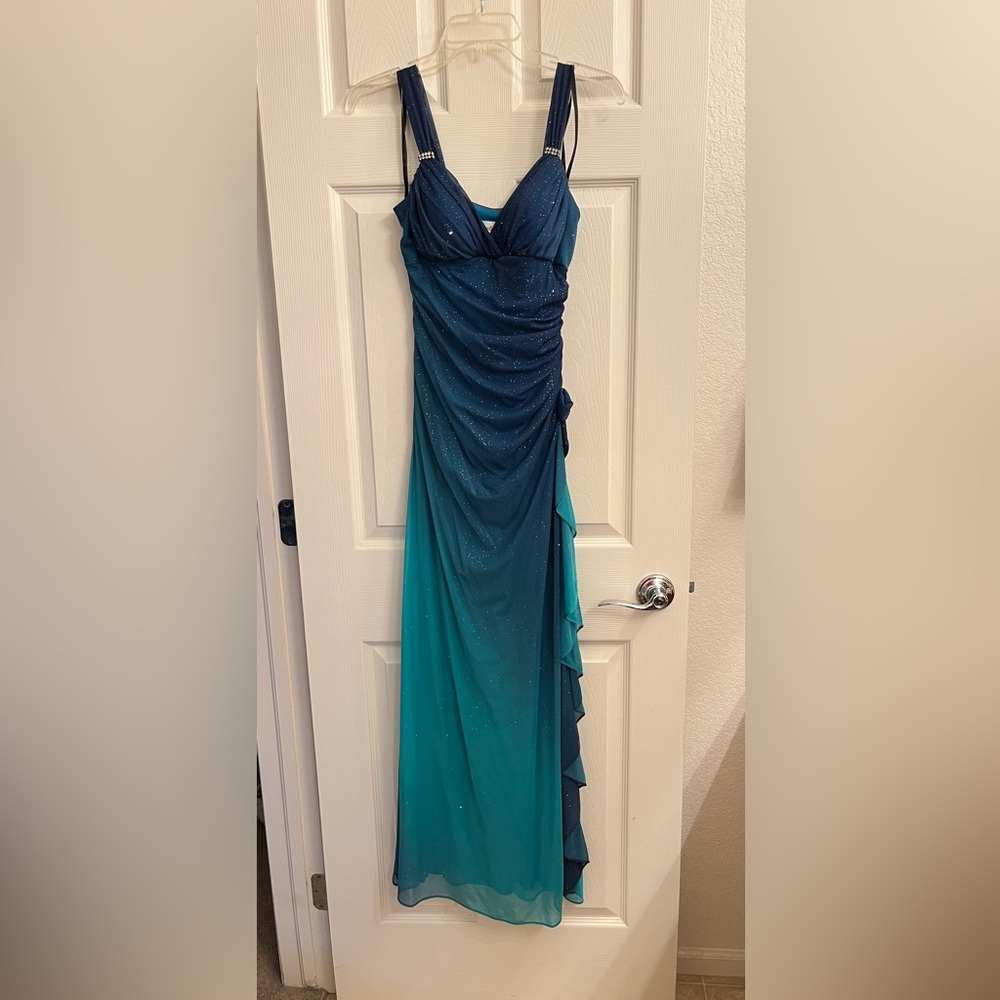 Blondie Nites Teal and Navy Sparkly Prom Dress